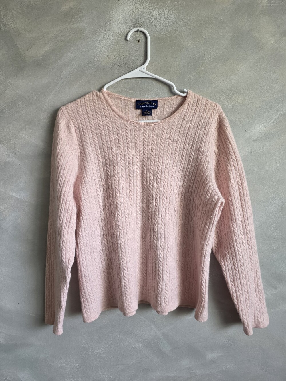Vtg Soft Pink Cable Knit Charter Club 2-ply 100% Cashmere Sweater Sz XL